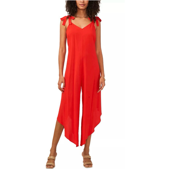 Vince Camuto Pants - Vince Camuto NWT | Red V-Neck Tie-Shoulder Asymmetric Jumpsuit | Size S